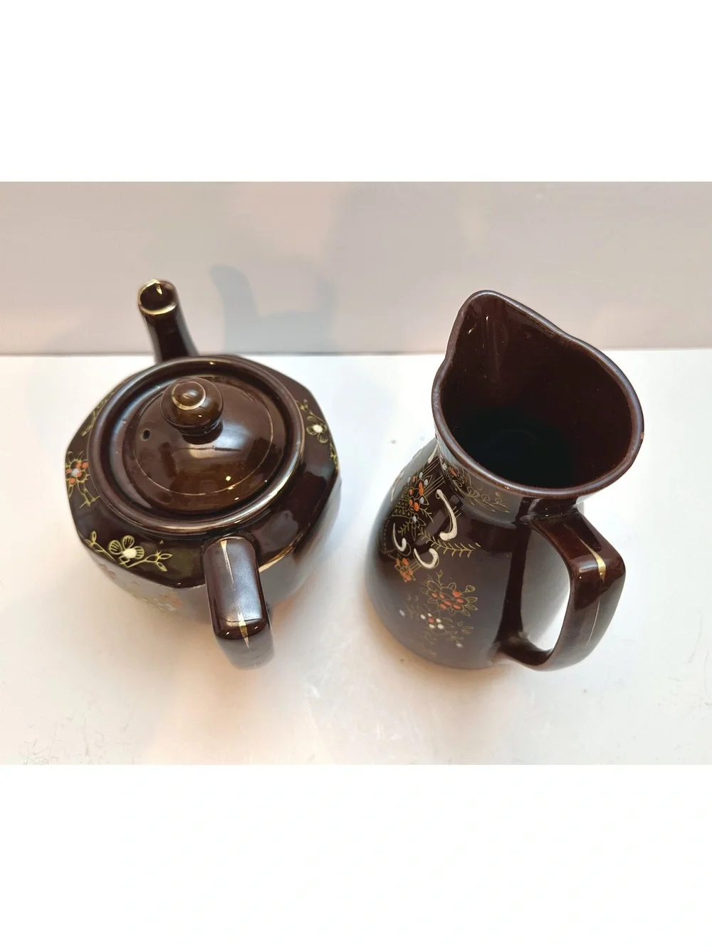 Vintage Japanese Moriage Redware Teapot/Pitcher Hand-Painted Set -